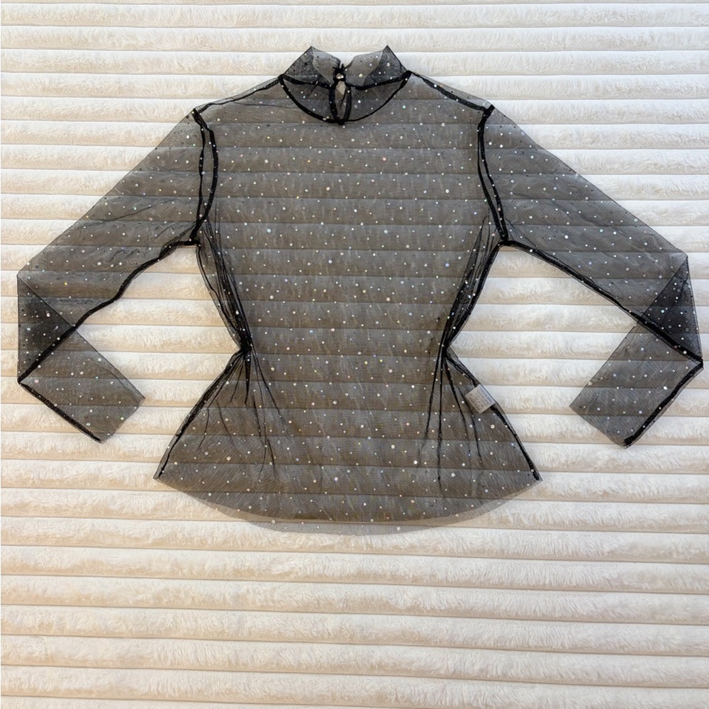 Black Sheer Rhinestone Mesh Top Long Sleeve Sparkly High Neck Size S